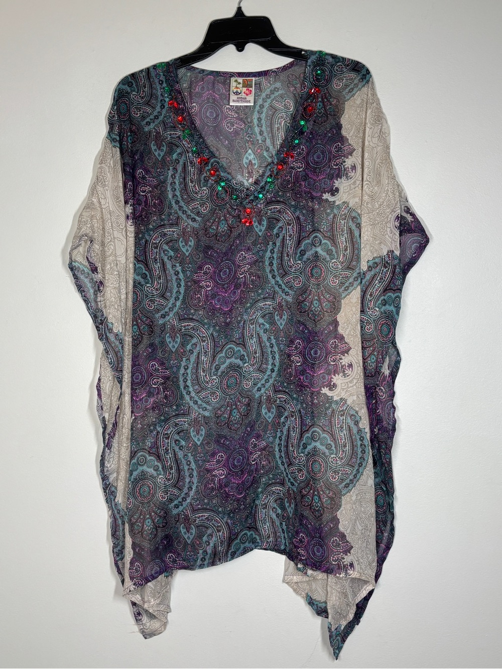 India Boutique Paisley V-Neck Tunic Top - Purple Teal Cream